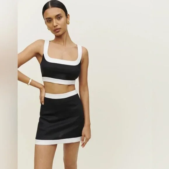 NWT Reformation Robbie Linen Two Piece  Matching Set in Black & White - size 4 - Picture 4 of 10